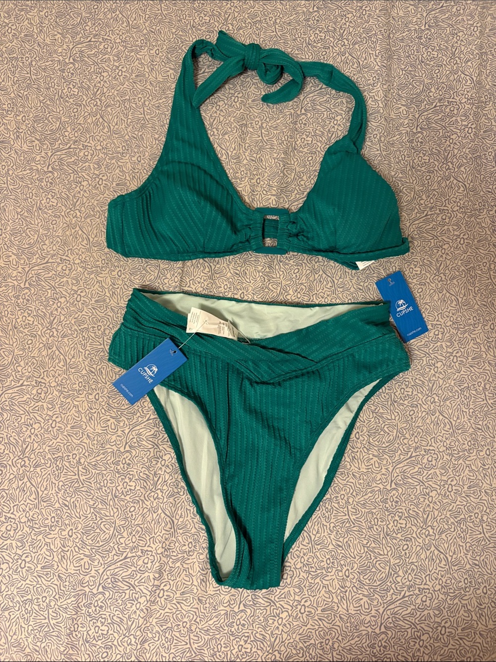 Cupshe Emerald Ribbed Halter Bikini Set